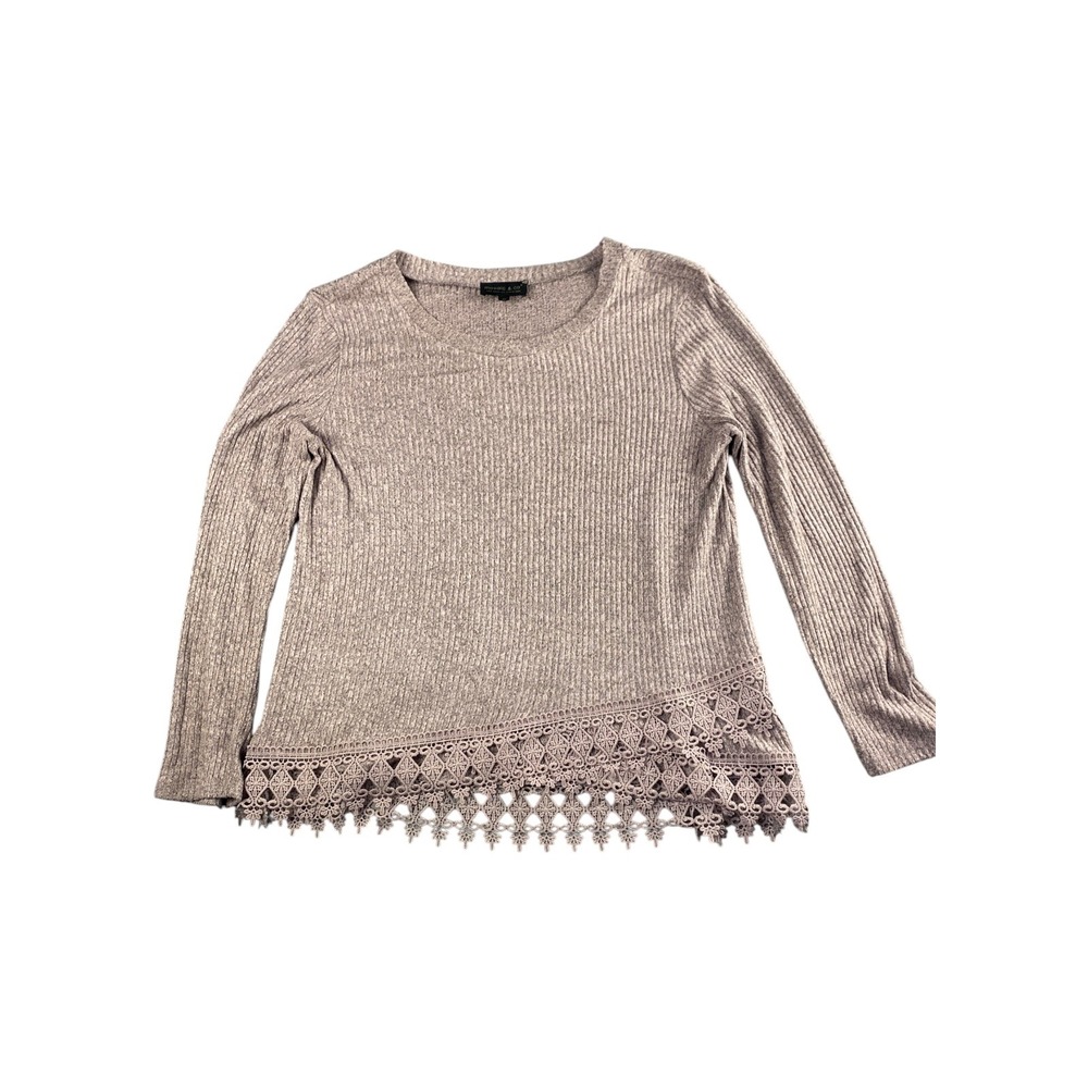 Mosaic & Co Ribbed Lace Trim Long Sleeve Tunic Top XL Mauve‎ Gray Women's